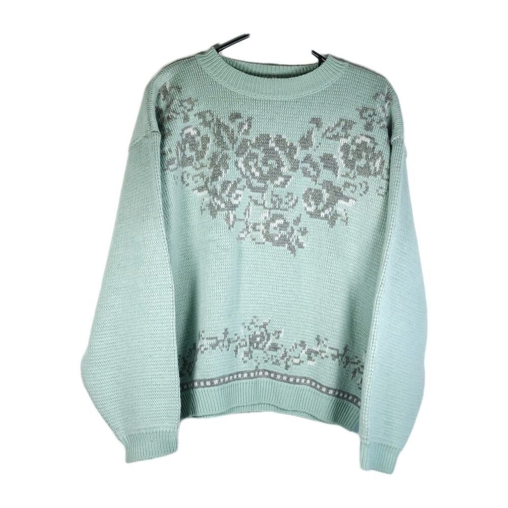 Together Women's Vtg 90’s Sz M Mint Green Knit Floral Slouchy Boyfriend Sweater